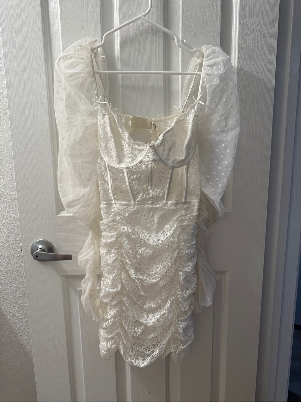 For Love & Lemons Ivory Lace Ruched Mini Dress with Puff Sleeves